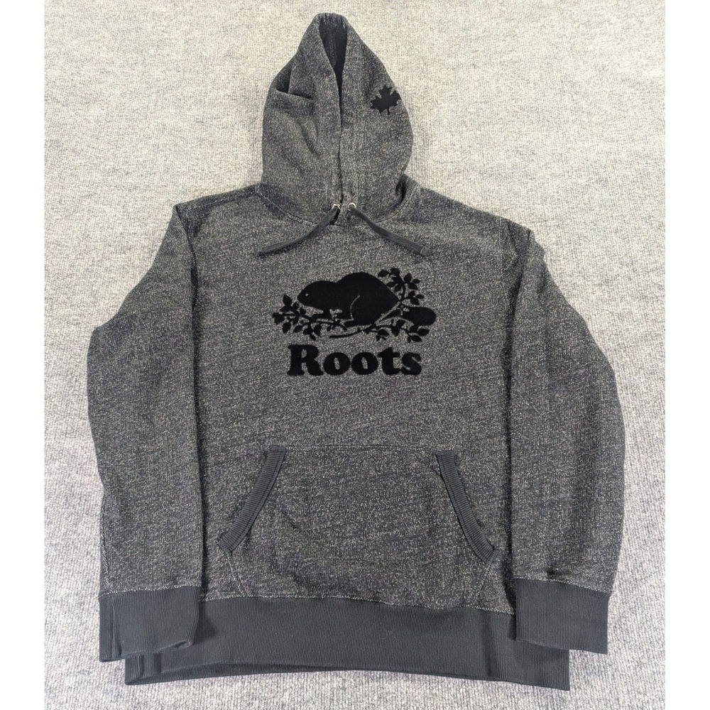 Roots Original Kanga Hoodie Men's Size Large Black Pepper Color Flocked Logo
